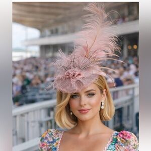 Kentucky Derby Hat Elegant pink Fascinator Floral Feather Accent Tea Party
